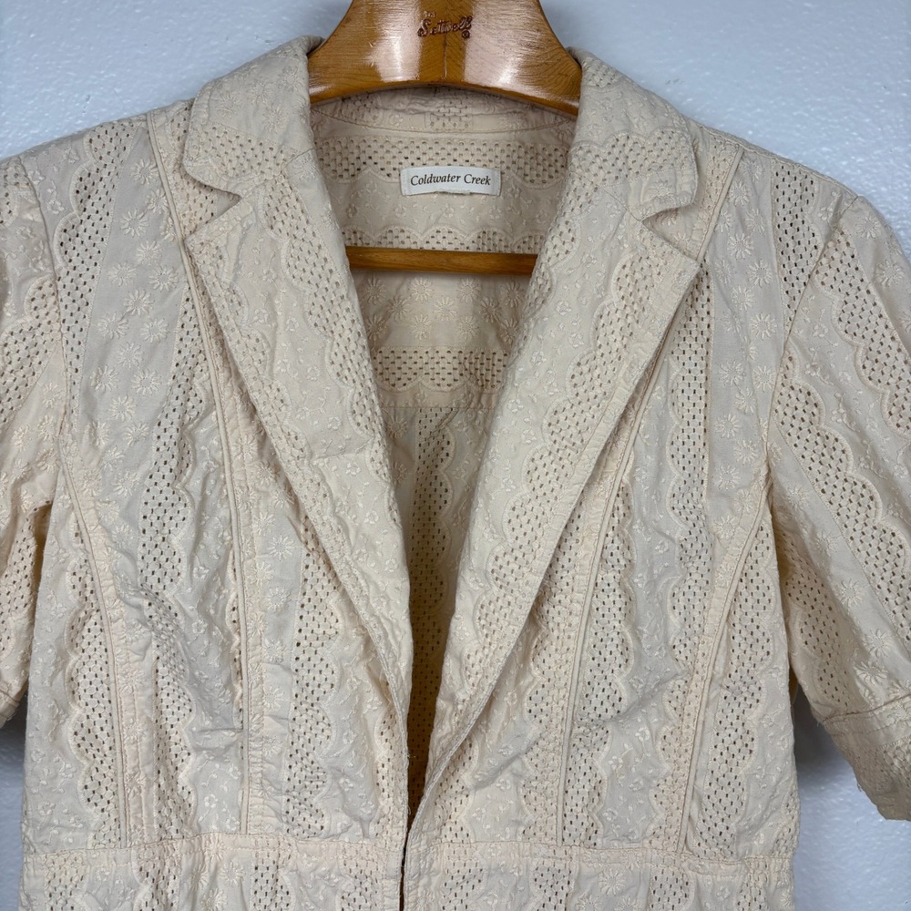 Coldwater Creek Ivory Eyelet Embroidered Cotton Blazer Jacket Hook Front Sz M - Picture 4 of 14